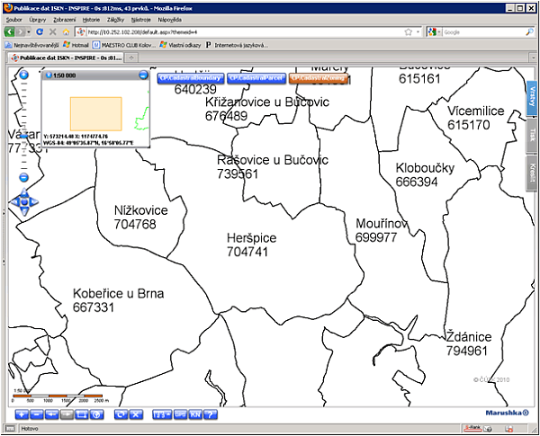 Ukázky prohlížecí služby WMS pro téma Katastrální parcely. Poskytuje tři vrstvy: CP.CadastralParcel (hranice parcel, parcelní čísla) do měřítka 1:20 000, CP.CadastralBoundary (hranice parcel) do měřítka 1 : 20 000 a CP.CadastralZoning (hranice a názvy katastrálních území) do měřítka 1 : 100 000.