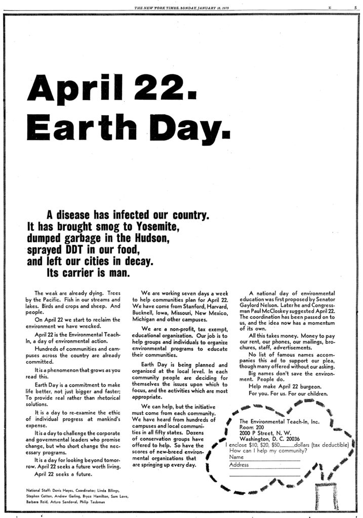 inzerát Earth Day 1970 v The New York Times